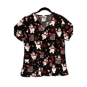 Frosty the Snowman women’s black short sleeve Christmas nursing scrub S/SM ￼